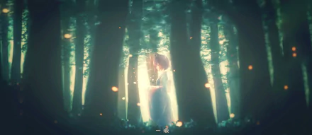 Anime-style character with short hair and animal ears stands softly glowing in a misty forest, creating a serene and mystical HD desktop wallpaper background.