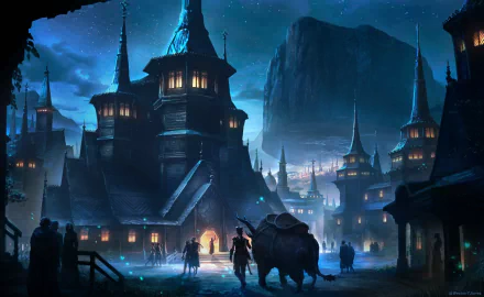 A fantasy cityscape at night with towering, illuminated buildings and figures walking through misty streets, rendered in HD for a PC desktop wallpaper background.