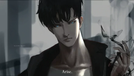 HD anime desktop wallpaper featuring Sung Jin-Woo from Solo Leveling with intense blue eyes and a dark, moody background, captioned Arise.