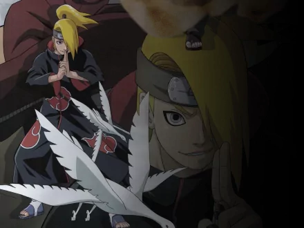 HD wallpaper featuring Deidara from Naruto, showcasing the character's distinctive look and artistry among dynamic backgrounds in vibrant anime style.