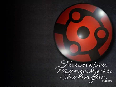 HD PC desktop wallpaper featuring the red Mangekyō Sharingan symbol from the anime Naruto on a dark textured background with stylized white text.