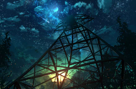 Anime-style HD wallpaper featuring a tall tower under a starry night sky, with a glowing moon and vibrant cosmic colors. The scene exudes a serene and mystical ambiance.