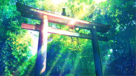 Anime-style HD desktop wallpaper featuring a vibrant shrine torii bathed in sunlight with a peaceful anime cat nearby, surrounded by lush green foliage.