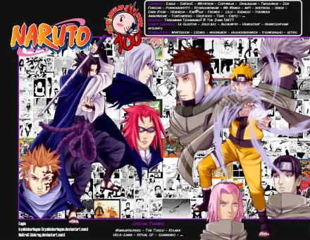 HD desktop wallpaper featuring characters from the anime Naruto: Tsunade, Sakura Haruno, Sai, Shikamaru Nara, Hinata Hyuga, Sasuke Uchiha, Yamato, Kakashi Hatake, and Naruto Uzumaki. Background is manga-style.