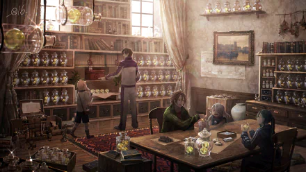 Anime-style room filled with shelves of glass jars and four characters interacting in a warm, softly lit setting, designed as an HD PC desktop wallpaper and background.