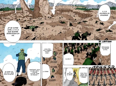 An HD desktop wallpaper featuring Minato Namikaze from the anime Naruto, showcasing an intense scene with scattered figures and dramatic landscapes.