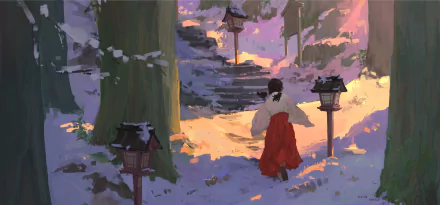 HD anime desktop wallpaper depicting a snowy forest path with lanterns and a figure in traditional attire walking towards stone steps at sunset.
