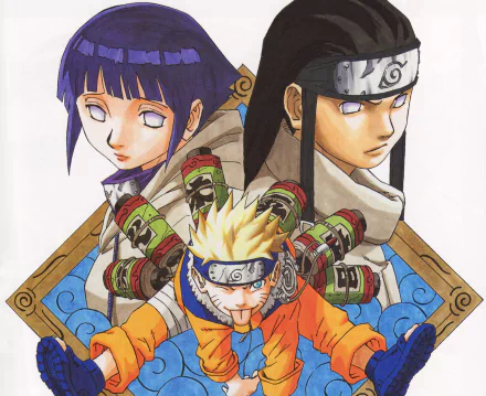 HD PC desktop wallpaper featuring Naruto Uzumaki, Hinata Hyuga, and Neji Hyūga from the anime Naruto, showcasing detailed character art and dynamic poses.