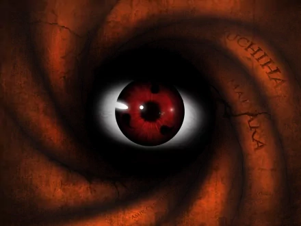 A striking HD desktop wallpaper featuring the intense red eye of Obito Uchiha from the anime Naruto, with swirling orange textures and the words Uchiha, Madara subtly incorporated into the background.