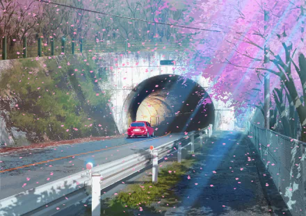 HD anime wallpaper featuring a street adorned with cherry blossoms (sakura), a car driving towards a tunnel under a canopy of pink flowers. Perfect road scene encapsulating both beauty and serenity.