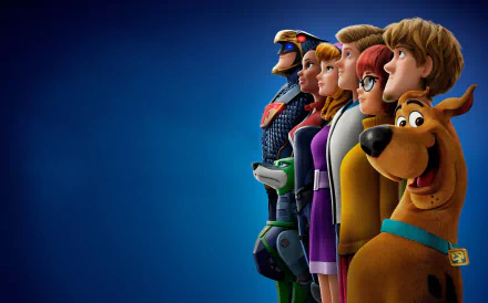 4K Ultra HD wallpaper featuring Dee Dee Skyes, Dynomutt, Blue Falcon, and the Scooby-Doo gang including Daphne, Fred, Velma, Shaggy, and Scooby-Doo from the Scoob! movie.
