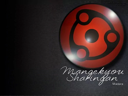 A high-definition desktop wallpaper featuring the iconic Mangekyō Sharingan symbol from the anime Naruto, set against a sleek dark background.