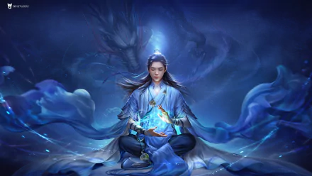 HD PC wallpaper depicting an Asian sorcerer in blue robes conjuring magic, with a majestic dragon swirling in a mystical fantasy background.