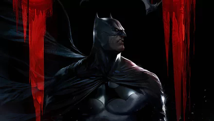 HD PC desktop wallpaper featuring Batman from DC Comics, depicted in a dark, dramatic pose with a red and black comic-style background.