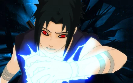 HD anime wallpaper featuring Sasuke Uchiha from Naruto activating his Chidori technique with intense red Sharingan eyes and glowing blue energy.