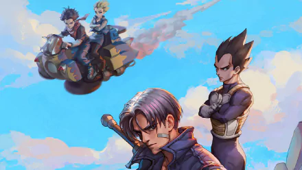 4K Ultra HD Dragon Ball anime wallpaper featuring Android 17, Android 18 on a hover bike, Vegeta, and Trunks against a bright blue sky background.