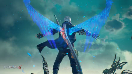 Nero from Devil May Cry 5 stands with glowing blue spectral wings spread wide against a stormy sky in this HD PC desktop wallpaper from the video game.