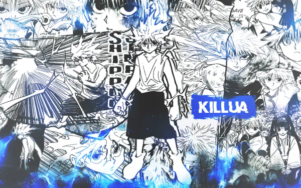HD desktop wallpaper featuring Killua Zoldyck from the anime Hunter x Hunter, showcasing a monochrome collage of dynamic scenes with a central colored image of Killua.