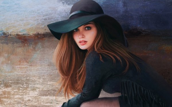 Women Artistic Long Hair Hat Blue Eyes Brown Hair HD Wallpaper | Background Image