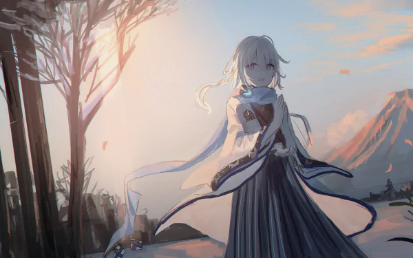 Noah from Granblue Fantasy with long hair stands in a serene landscape at sunrise, captured in an anime-style HD desktop wallpaper.