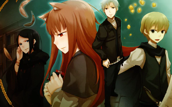 Anime characters Dian Rubens, Kraft Lawrence, Holo, and Fermi Amarti from Spice and Wolf are depicted in an HD desktop wallpaper, featuring varied hair colors, animal ears, and expressive eyes.