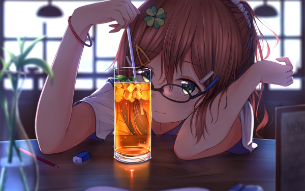 Anime Original Drink Glass Brown Hair Green Eyes Glasses HD Wallpaper | Background Image