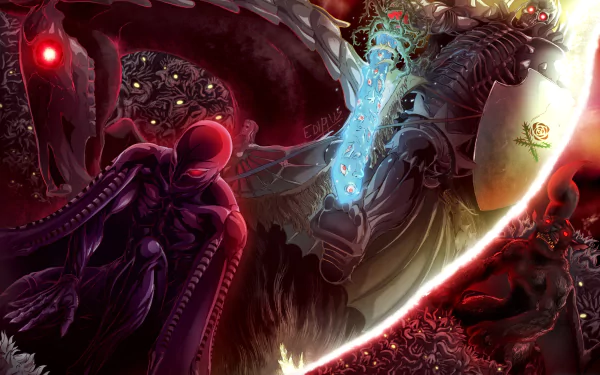 HD PC desktop wallpaper featuring Femto and Skull Knight from the anime Berserk, showcasing a dark, intense battle scene with vivid details and dramatic lighting.