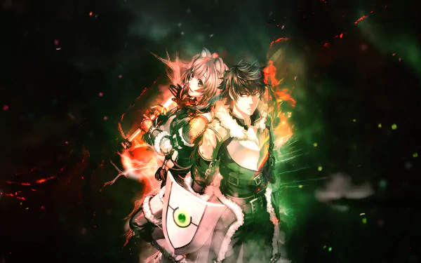 HD desktop wallpaper featuring Raphtalia and Naofumi Iwatani from The Rising of the Shield Hero (Tate no Yuusha no Nariagari) anime, with a dynamic and vibrant background.