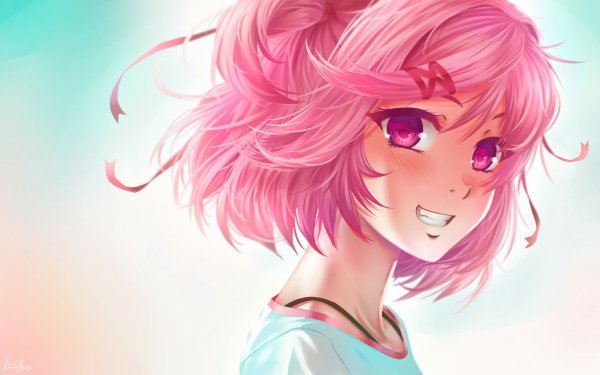Video Game Doki Doki Literature Club! Natsuki Pink Eyes Pink Hair Smile HD Wallpaper | Background Image