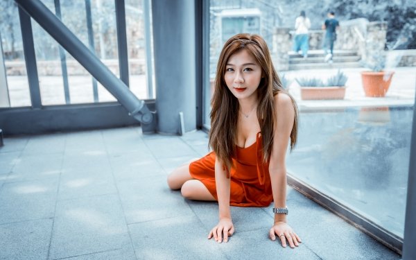 Women Asian Model Red Dress Long Hair Brunette Blue Eyes HD Wallpaper | Background Image