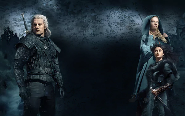 4K Ultra HD wallpaper featuring Geralt of Rivia (Henry Cavill), Yennefer of Vengerberg (Anya Chalotra), and Ciri (Freya Allan) from the TV show The Witcher.