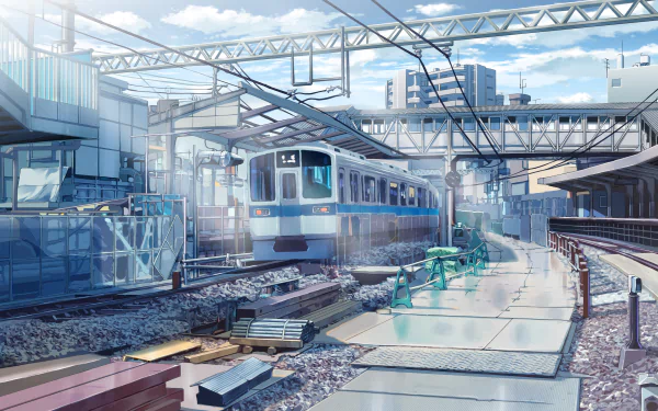A vibrant 4K Ultra HD anime-style train scene featuring a modern train at a sunlit urban station with detailed tracks and overhead wires.