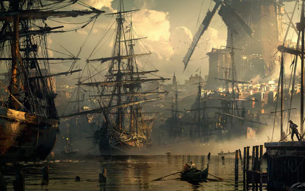 HD wallpaper featuring a fantasy cityscape with tall ships at the dock, a windmill, and industrial structures under a dramatic, cloudy sky.