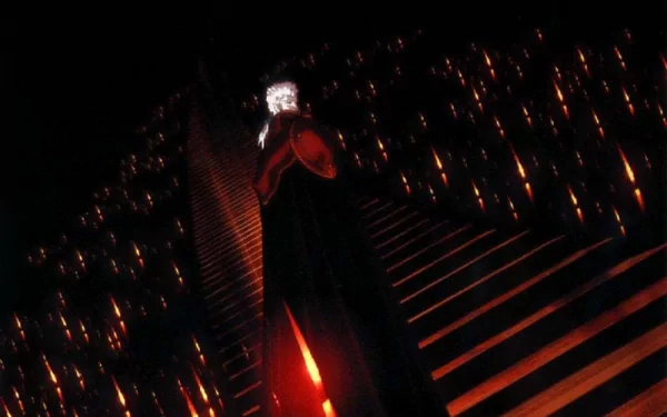 Dark, atmospheric HD anime wallpaper featuring Vampire Hunter D standing amidst glowing red lights and shadows, highlighting a gothic vampire theme.