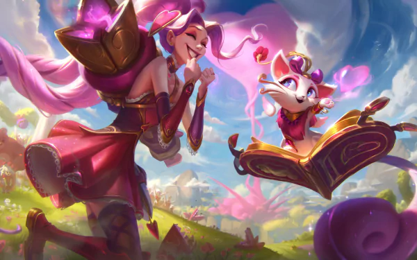 HD PC desktop wallpaper featuring Yuumi and Jinx from League of Legends in a vibrant, colorful video game scene with dynamic, playful energy.