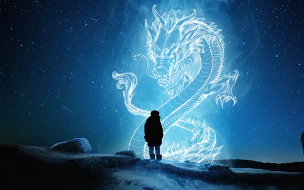 A silhouette of a person standing on rocky terrain beneath a glowing, ethereal Chinese dragon set against a starry night sky in this HD fantasy desktop wallpaper.