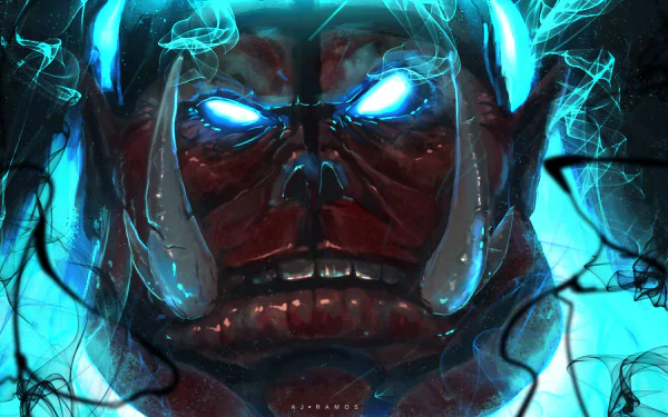 HD PC desktop wallpaper featuring an intense close-up of a glowing-eyed character from the anime Solo Leveling, surrounded by ethereal blue smoke effects.