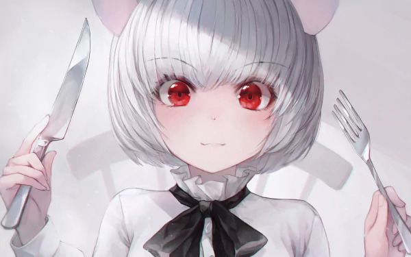 A striking anime character with white hair and red eyes holding a fork and knife, featuring animal ears, set against a captivating HD desktop wallpaper.