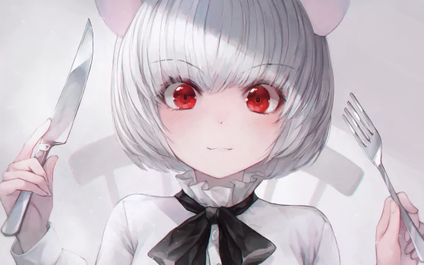 Anime-style character with white hair, red eyes, and animal ears holds a fork and knife, set against a soft background in this HD PC desktop wallpaper.