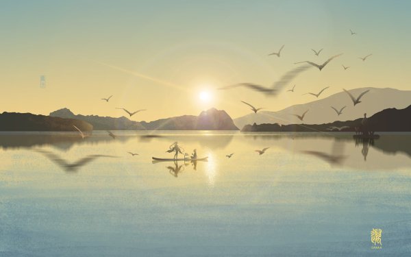 Anime Original Sunshine Lake Boat Bird HD Wallpaper | Background Image