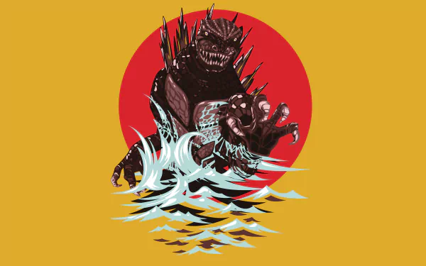 Vector-style 4K Ultra HD PC wallpaper featuring Godzilla emerging from water with a bold red circle background, inspired by the iconic movie monster.