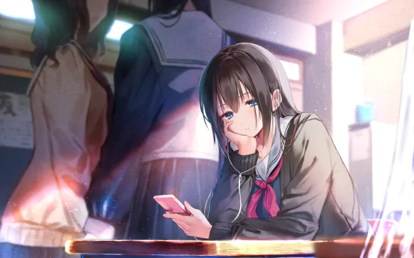 Anime girl with black hair and blue eyes in a school uniform, sitting at a desk and holding a phone, depicted in an HD PC desktop wallpaper background.