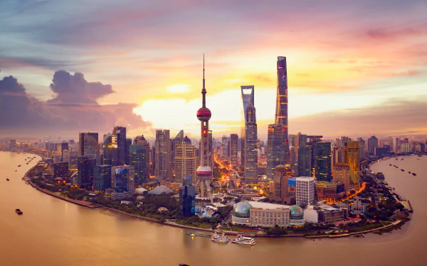 Oriental Pearl Tower Huangpu River skyscraper building China river sunset man made Shanghai HD Desktop Wallpaper | Background Image