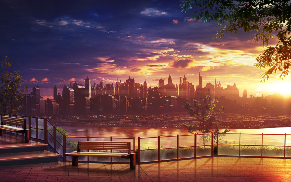 Anime City Sunset Bench Sky Cloud Evening Parc Lake Stairs HD Wallpaper | Background Image
