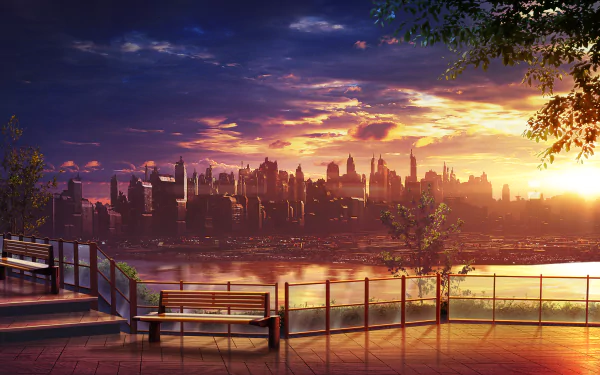 An anime-style evening scene with a stunning sunset over a lake and city skyline, featuring stairs and benches in a peaceful park setting.
