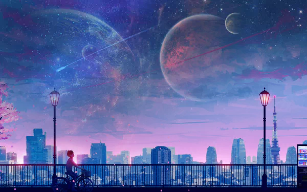 Anime-inspired HD wallpaper features a cityscape at night with a starry sky, a glowing moon, and planets. A person rides a bicycle on a bridge, illuminated by streetlights.