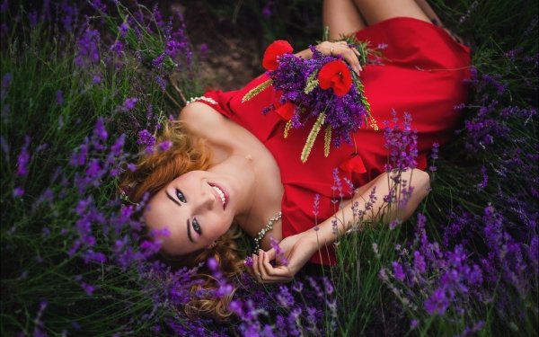 Women Model Lying Down Purple Flower Smile Red Dress Redhead HD Wallpaper | Background Image