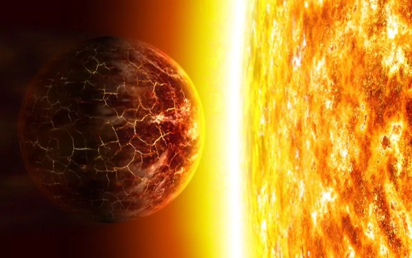 A vibrant sci-fi scene depicting a fiery sun alongside a cracked, red planet, creating a stunning high-definition desktop wallpaper and background.