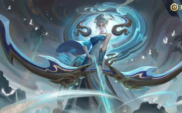 Woman warrior archer in flowing blue robes draws an ornate bow amid swirling magic — Arena of Valor 2K Quad HD PC desktop wallpaper.