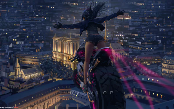Anime-style night scene of a motorcyclist overlooking a bustling cityscape with pink light trails behind the bike. HD desktop wallpaper and background.
